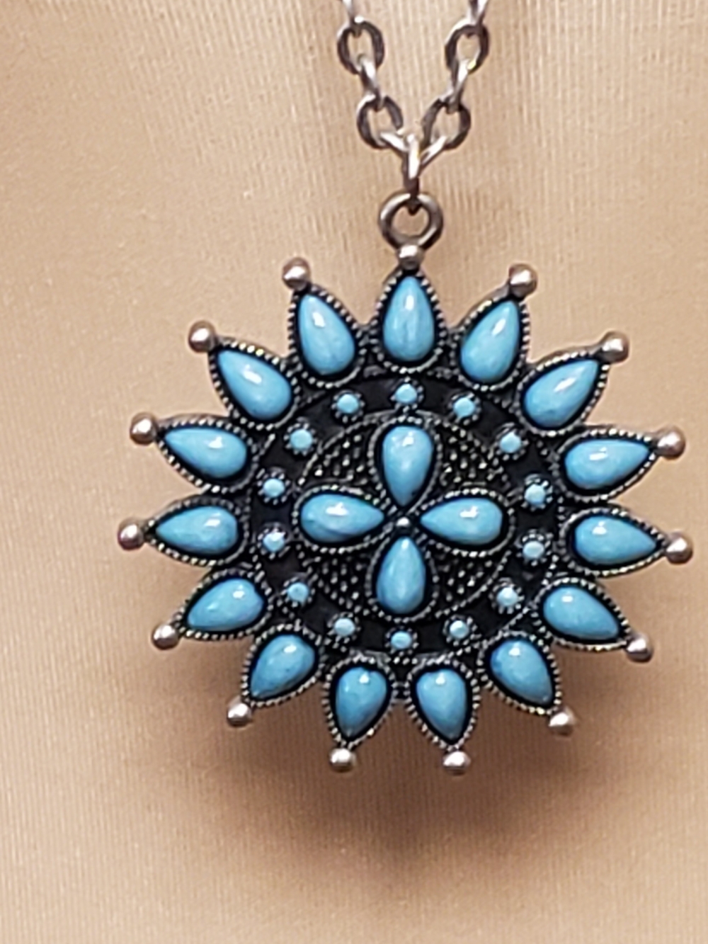 Blue Floral Sunburst Pendant Necklace